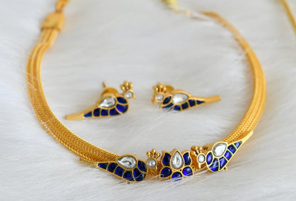 Gold tone blue-white lotus bird kundan jadau necklace set dj44041