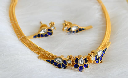 Gold tone blue-white lotus bird kundan jadau necklace set dj44041