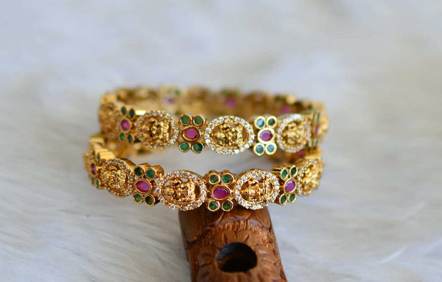 Antique gold tone Cz ruby-green Lakshmi bangles(2.6) dj-42569