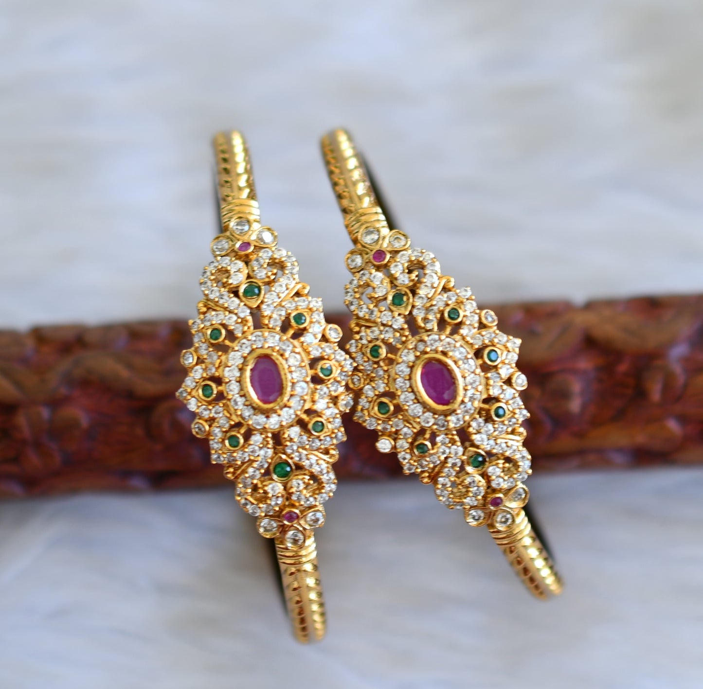 Antique gold tone Cz ruby-green Flower Kada/bangles(2.6) dj-42560