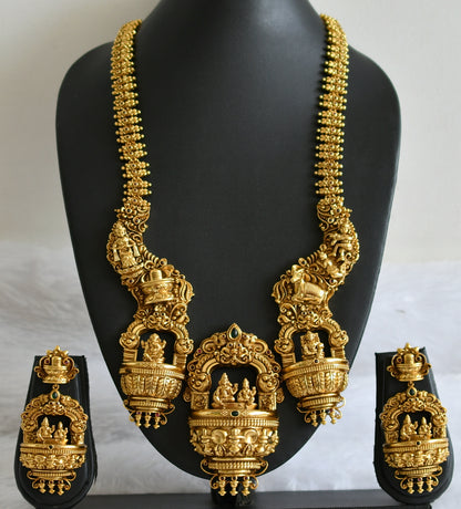 Antique gold tone kemp-green shiva-parvathi nakshi temple short haar set dj-49285