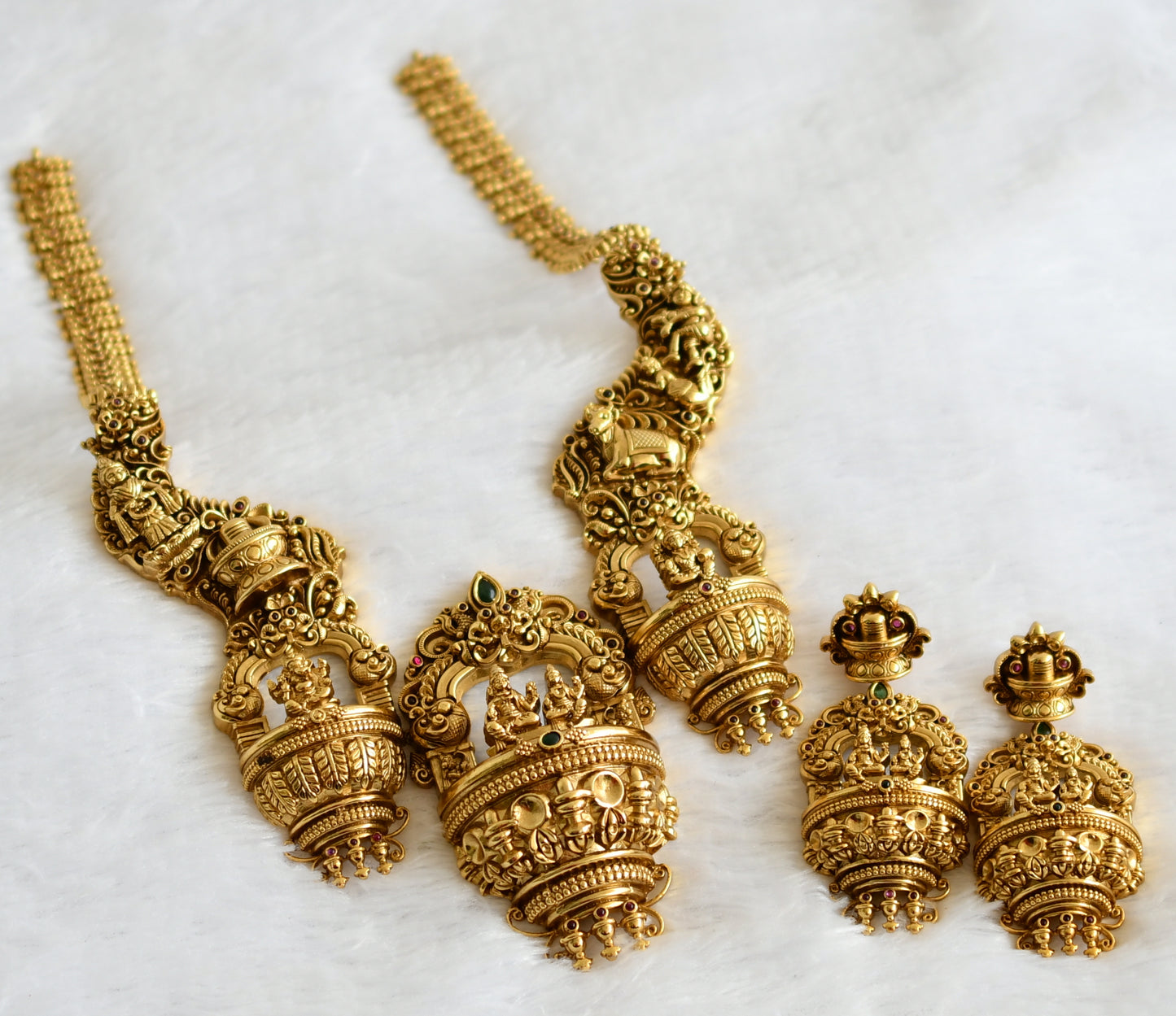 Antique gold tone kemp-green shiva-parvathi nakshi temple short haar set dj-49285