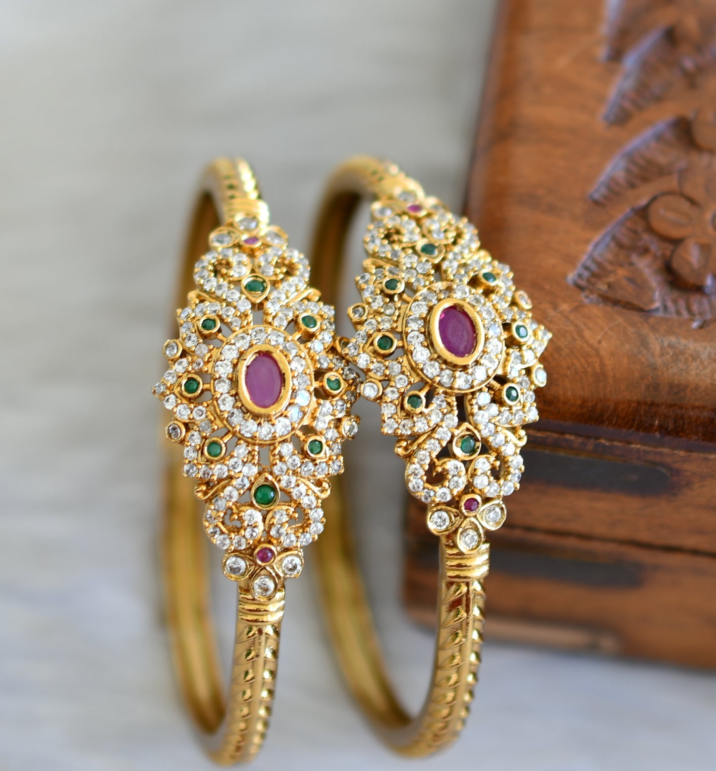 Antique gold tone Cz ruby-green Flower Kada/bangles(2.6) dj-42560