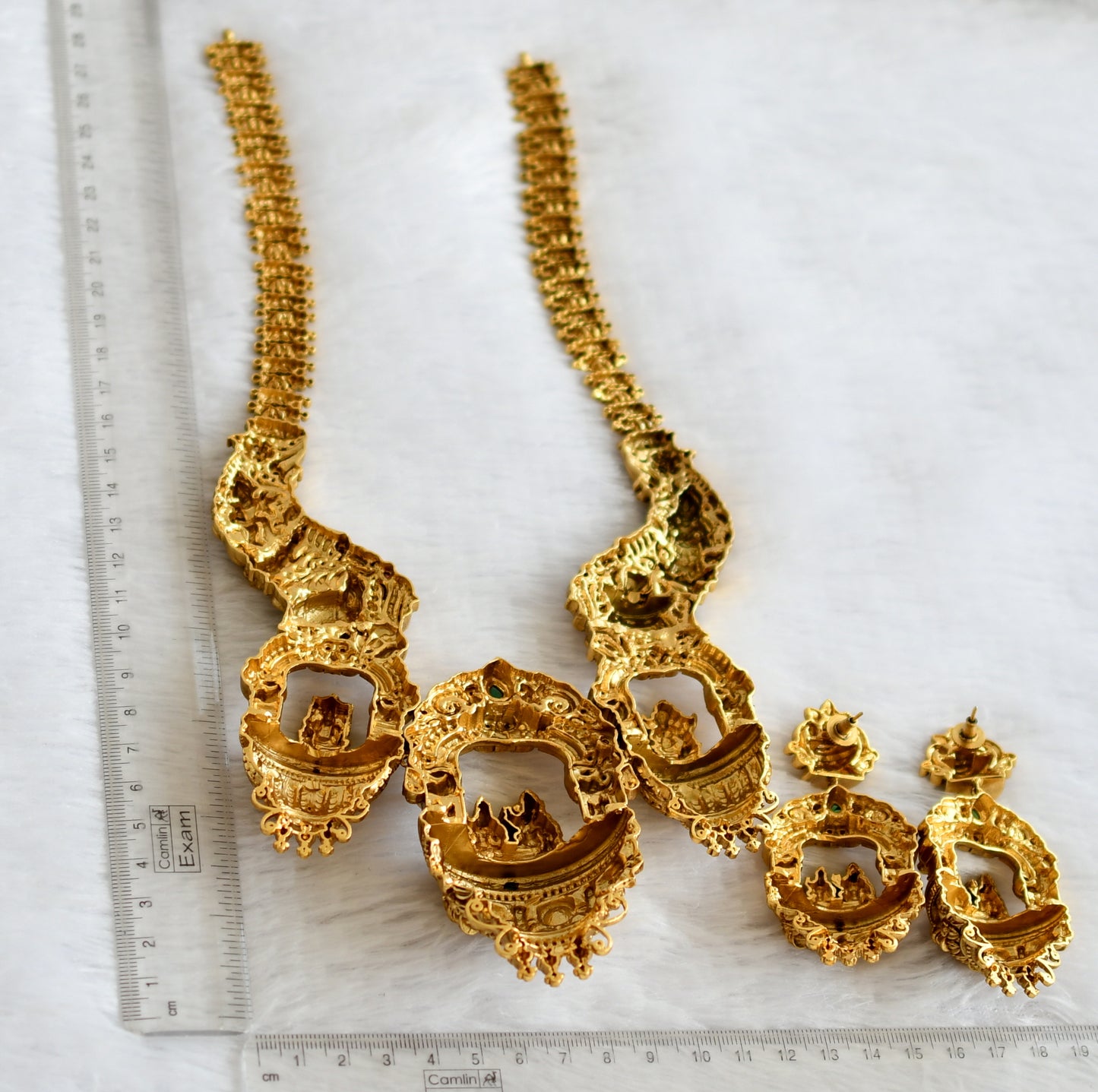 Antique gold tone kemp-green shiva-parvathi nakshi temple short haar set dj-49285