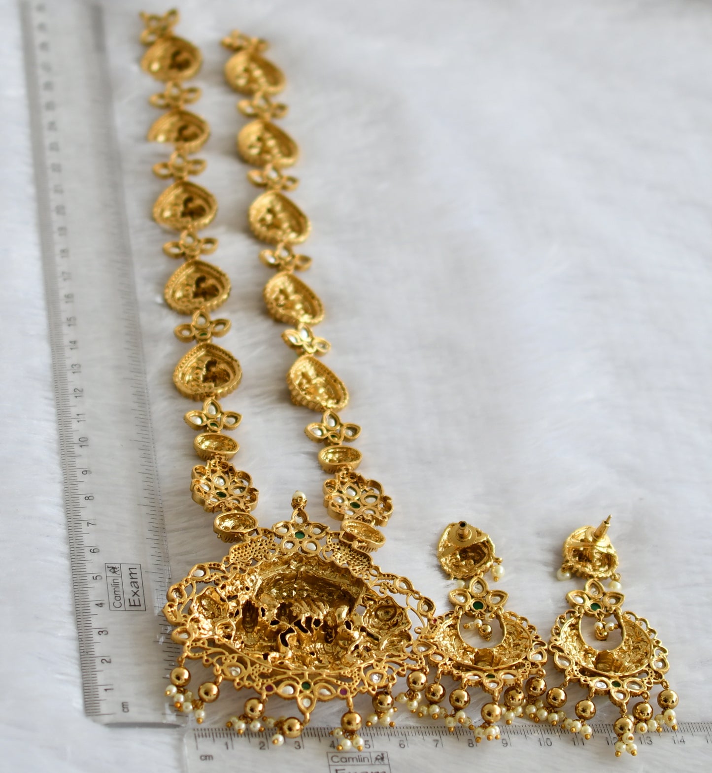 Antique gold tone kemp-green-white Shri Ranganathar nakshi kundan jadau haar set dj-49286