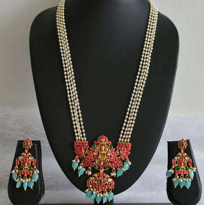 Matte finish pink-green-white pearl blue beaded kundan jadau lakshmi haar set dj-49283