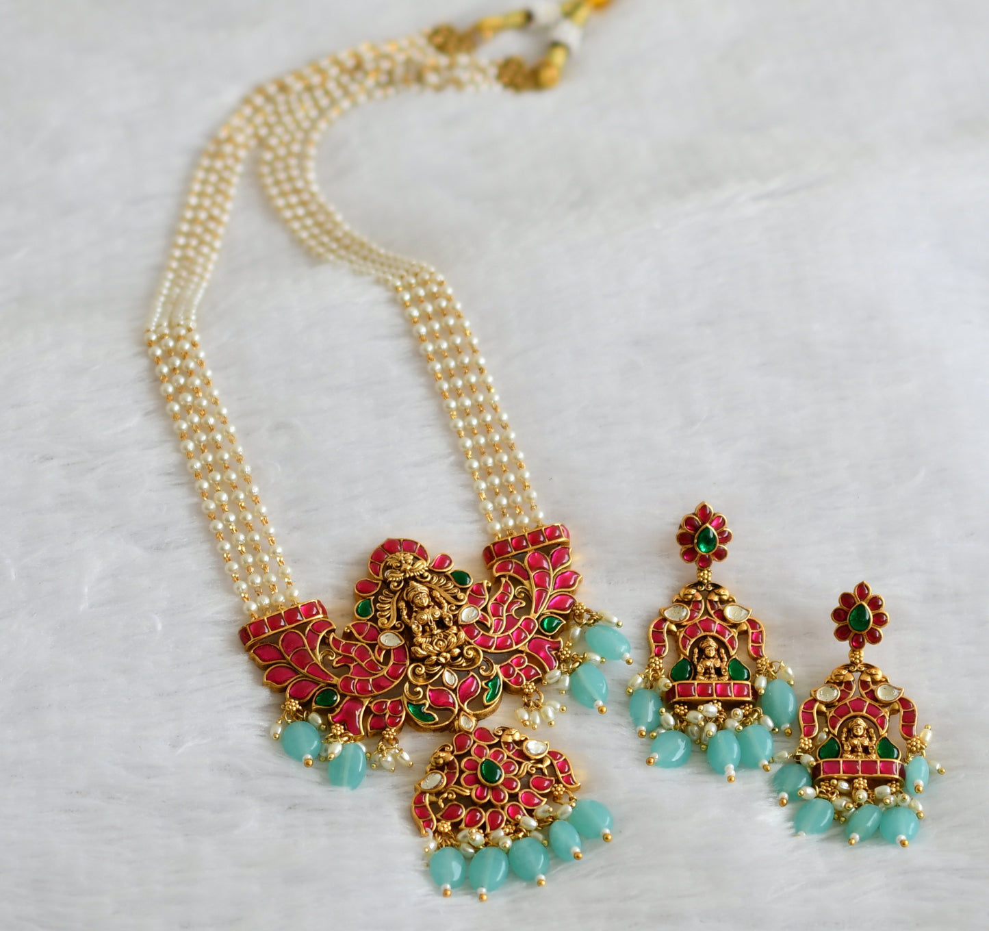 Matte finish pink-green-white pearl blue beaded kundan jadau lakshmi haar set dj-49283