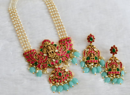 Matte finish pink-green-white pearl blue beaded kundan jadau lakshmi haar set dj-49283