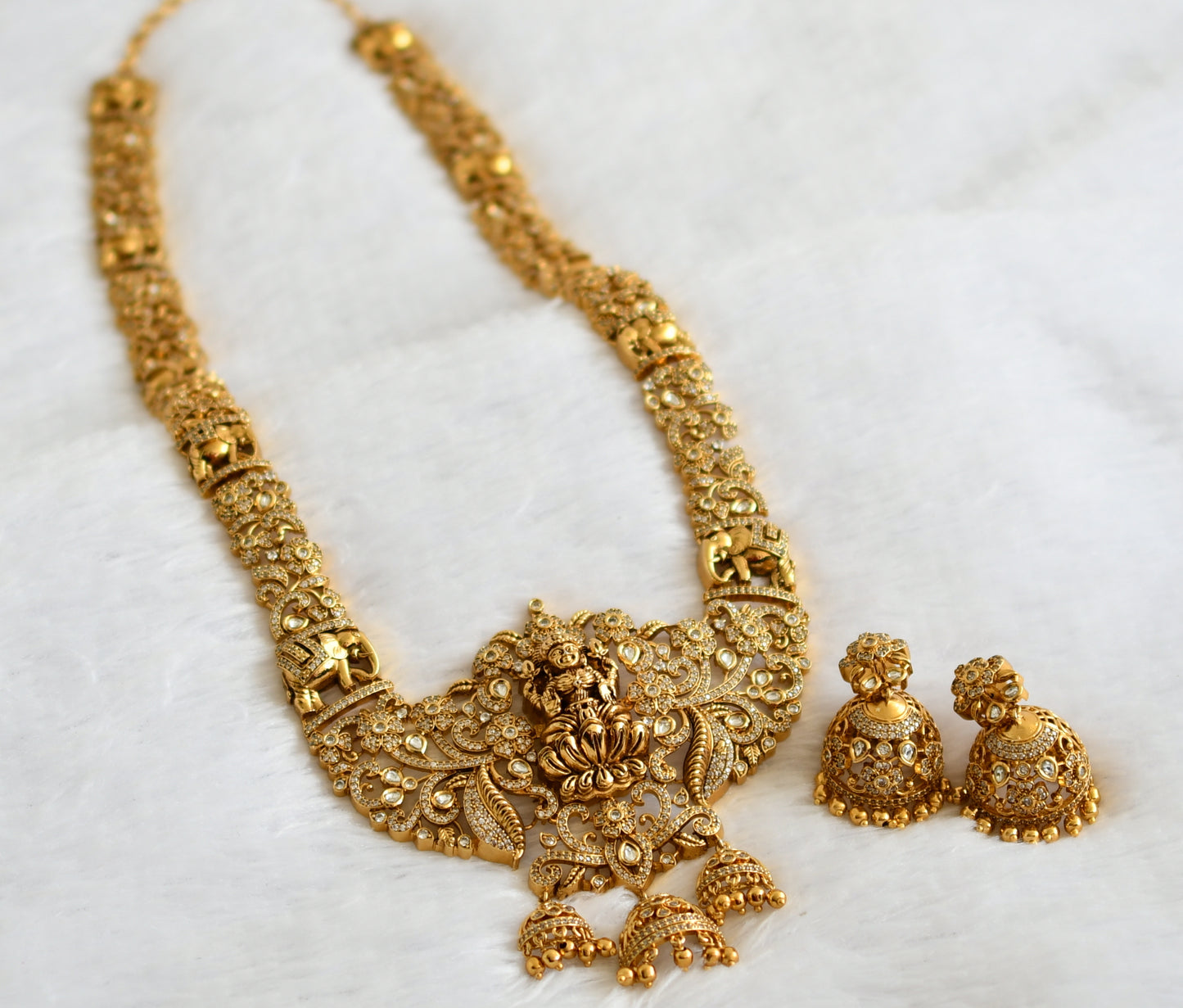 Antique gold tone cz lakshmi flower elephant nakshi haar set dj-49287