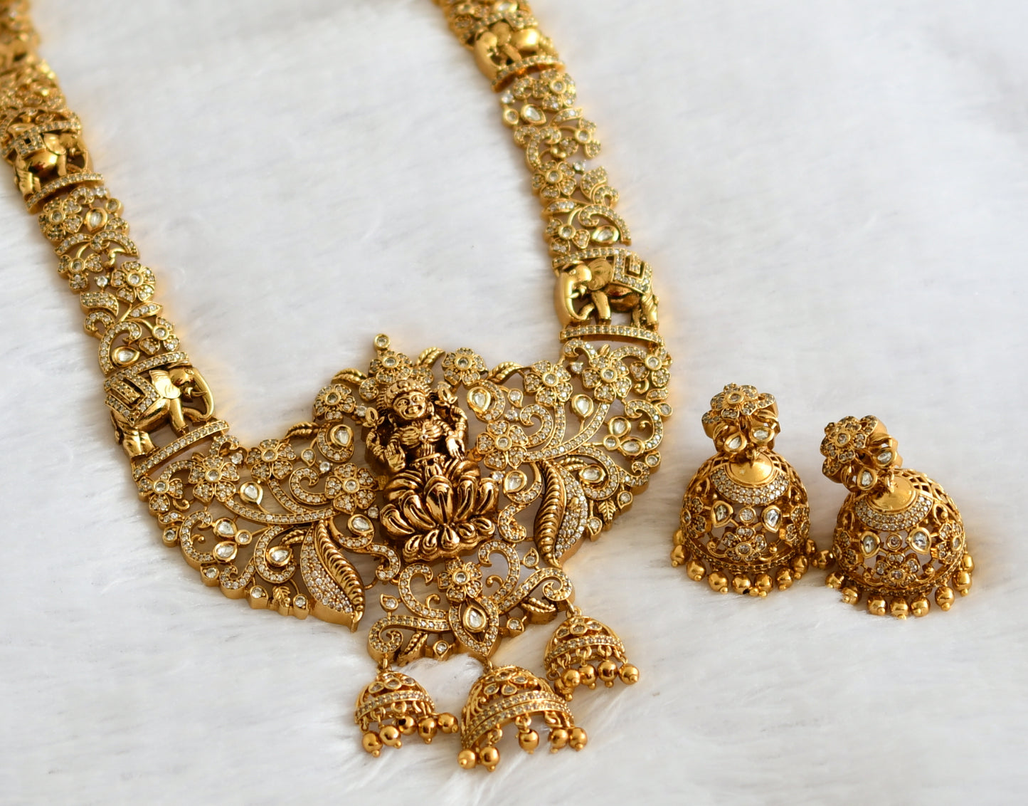 Antique gold tone cz lakshmi flower elephant nakshi haar set dj-49287