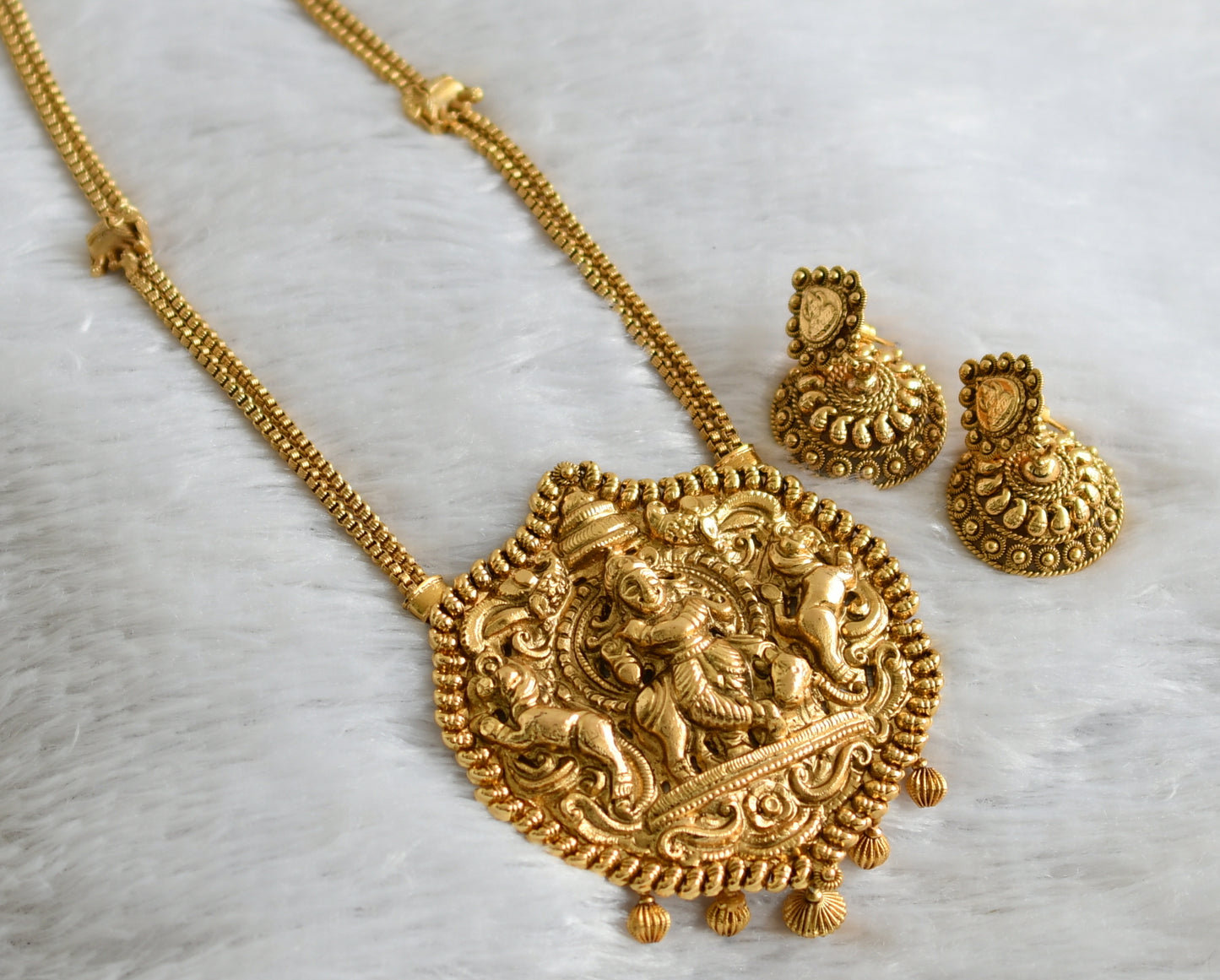 Antique gold tone krishna peacock elephant nakshi short haar set dj-47502