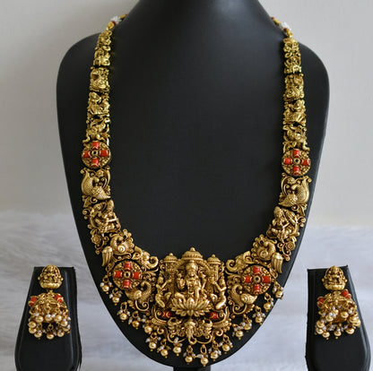 Antique gold tone kemp-green-coral lakshmi peacock elephant nakshi short haar set dj-49288