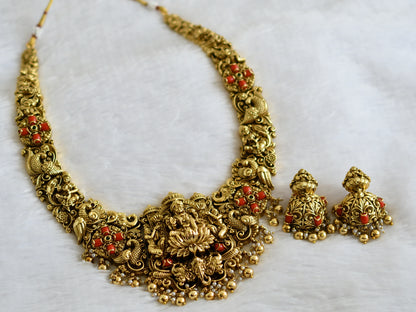 Antique gold tone kemp-green-coral lakshmi peacock elephant nakshi short haar set dj-49288