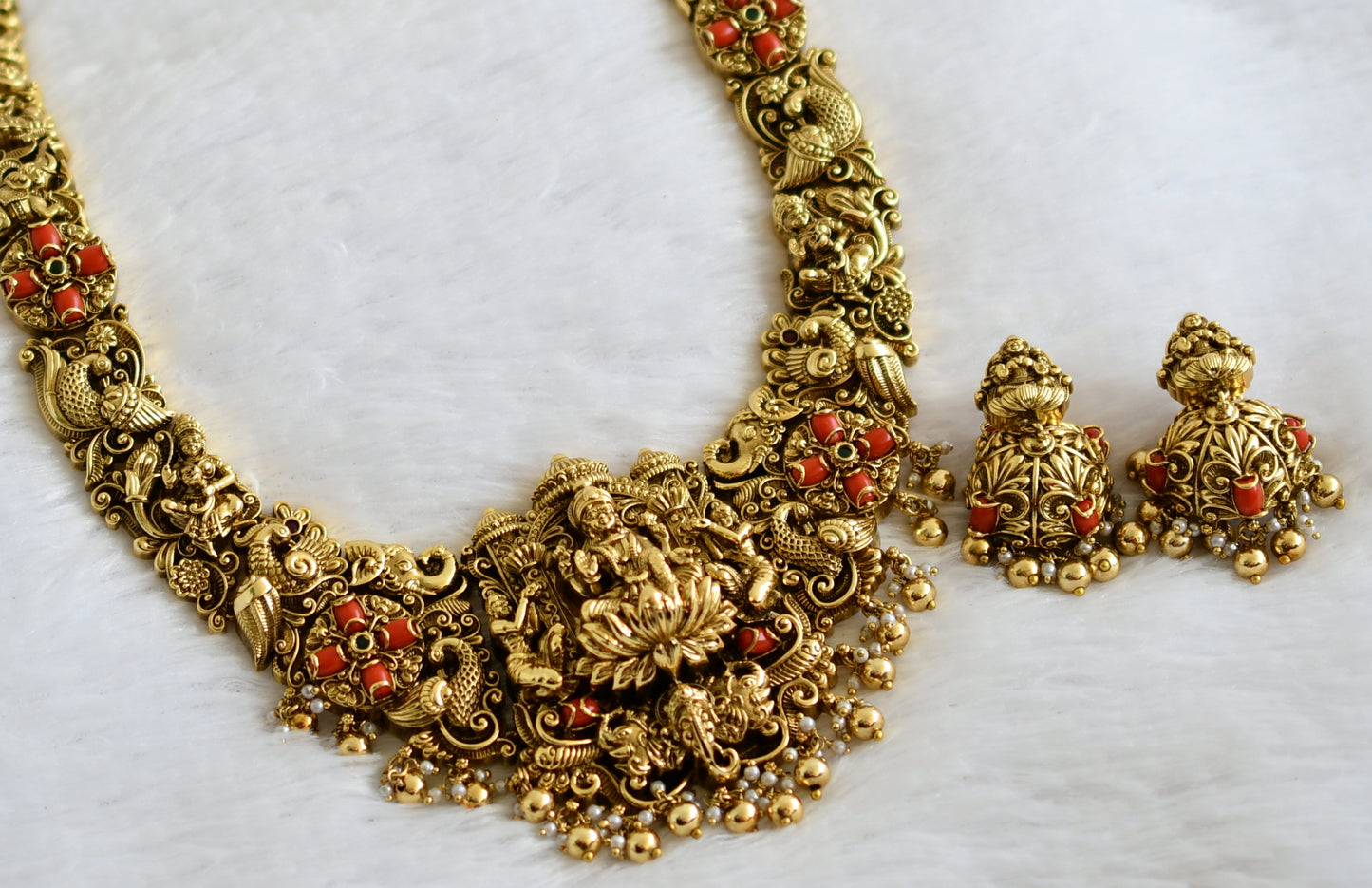 Antique gold tone kemp-green-coral lakshmi peacock elephant nakshi short haar set dj-49288