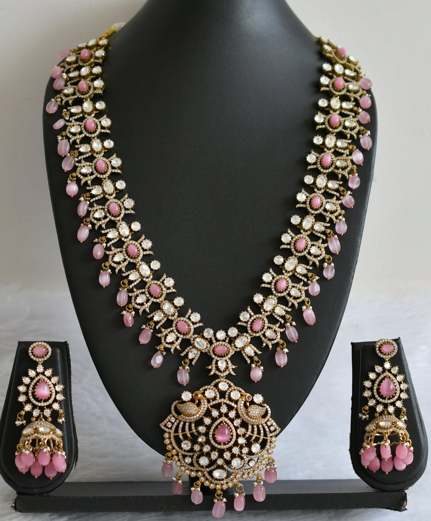 Antique cz-baby pink beaded peacock victorian short haar set dj-49292