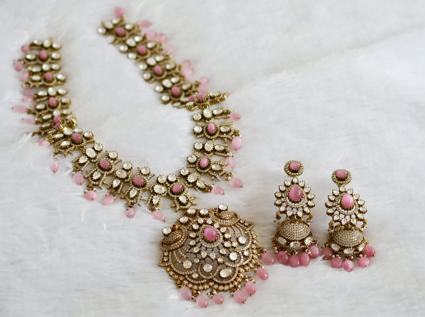 Antique cz-baby pink beaded peacock victorian short haar set dj-49292