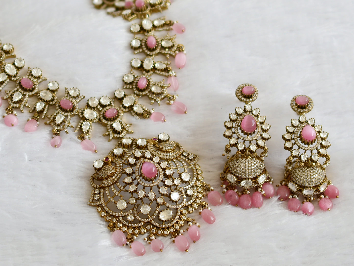 Antique cz-baby pink beaded peacock victorian short haar set dj-49292