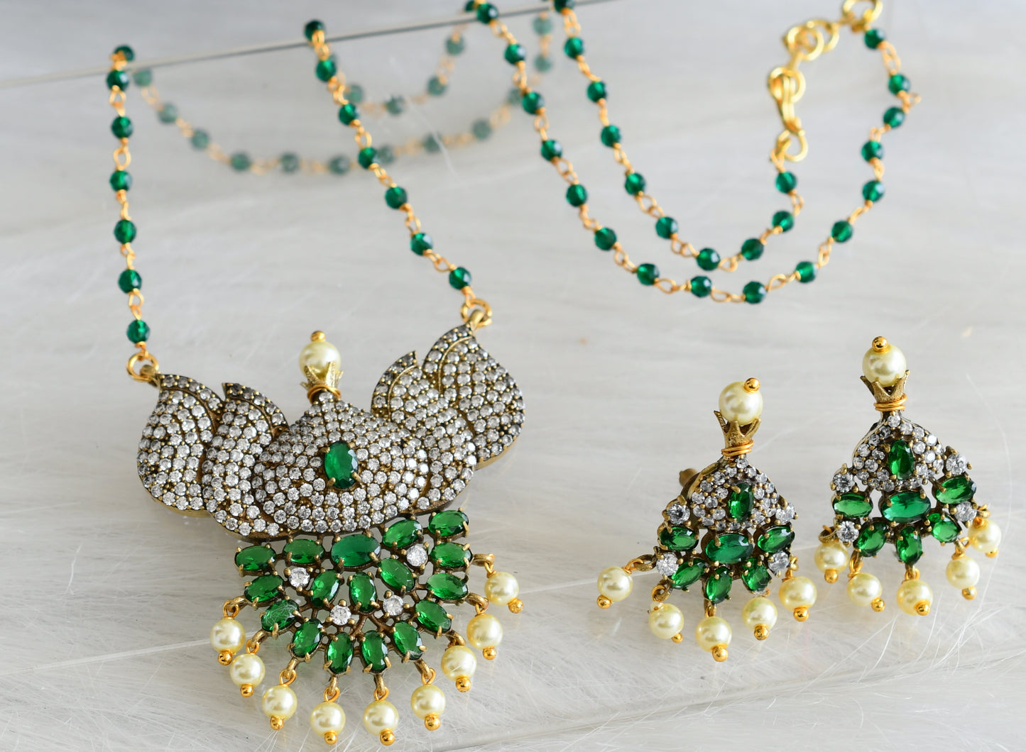 Antique gold tone cz green-white lotus victorian necklace set dj-44058