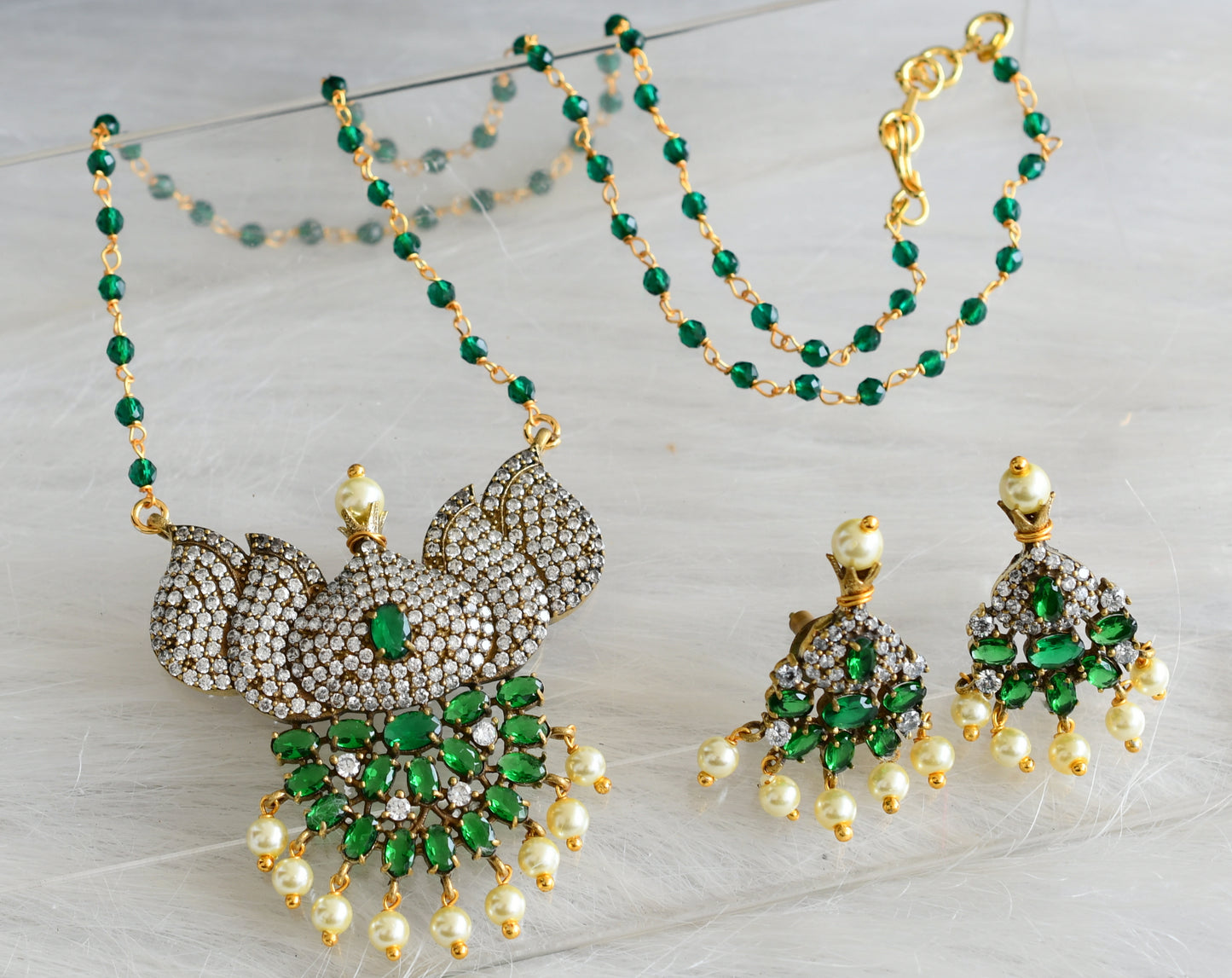 Antique gold tone cz green-white lotus victorian necklace set dj-44058