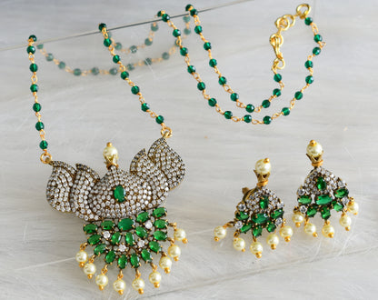 Antique gold tone cz green-white lotus victorian necklace set dj-44058