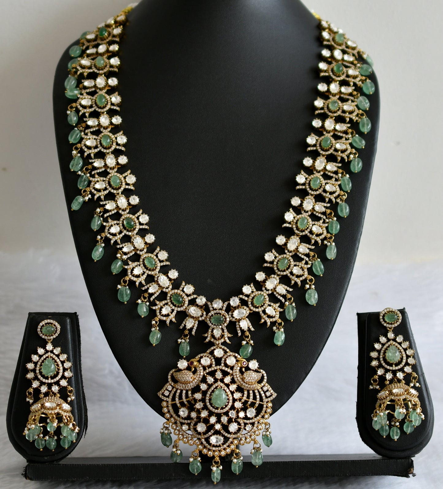 Antique cz-sea green beaded peacock victorian short haar set dj-49295