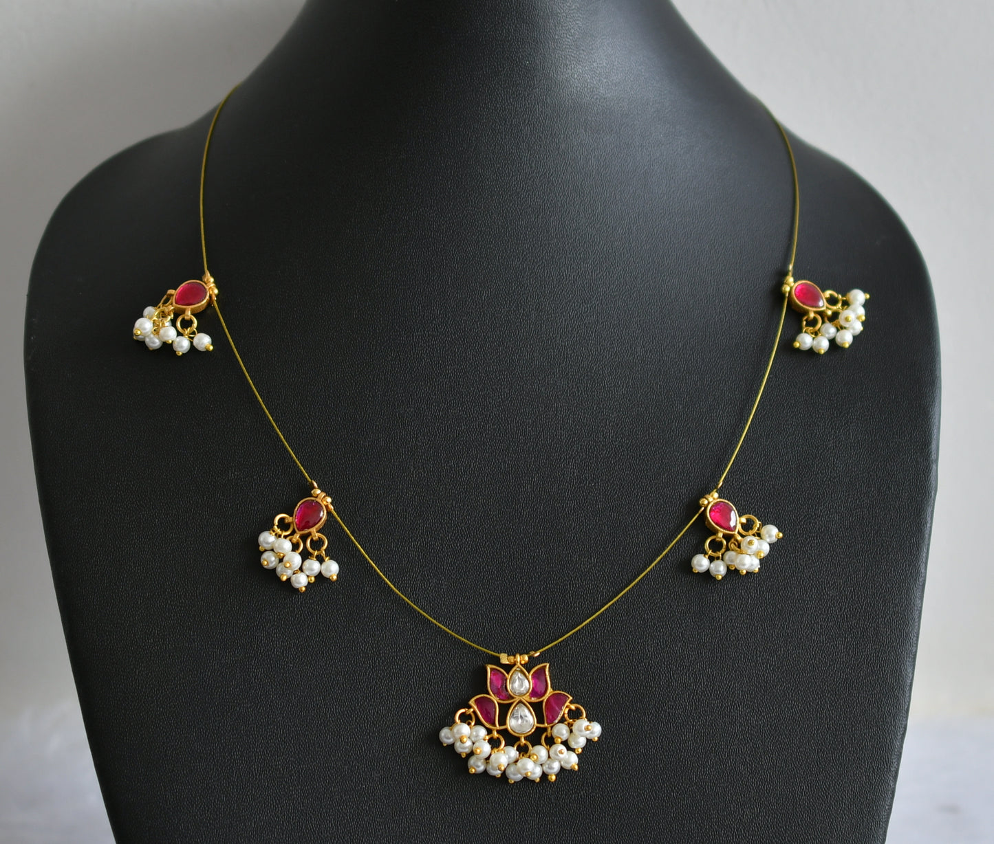 Matte finish pink-white pearl cluster kundan jadau lotus invisible necklace dj-49306