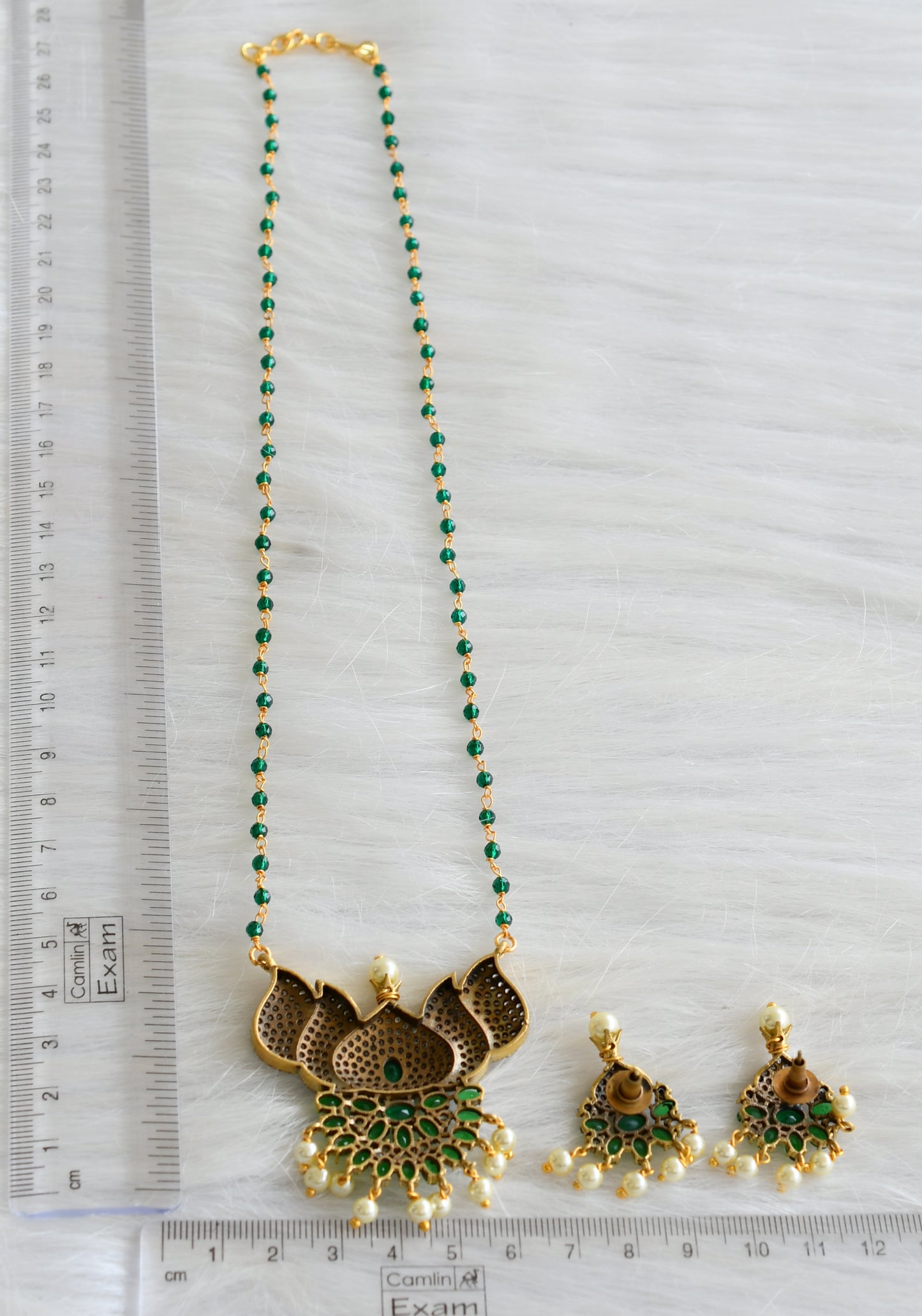 Antique gold tone cz green-white lotus victorian necklace set dj-44058