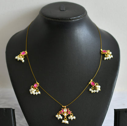 Matte finish pink-white pearl cluster kundan jadau lotus invisible necklace dj-49305