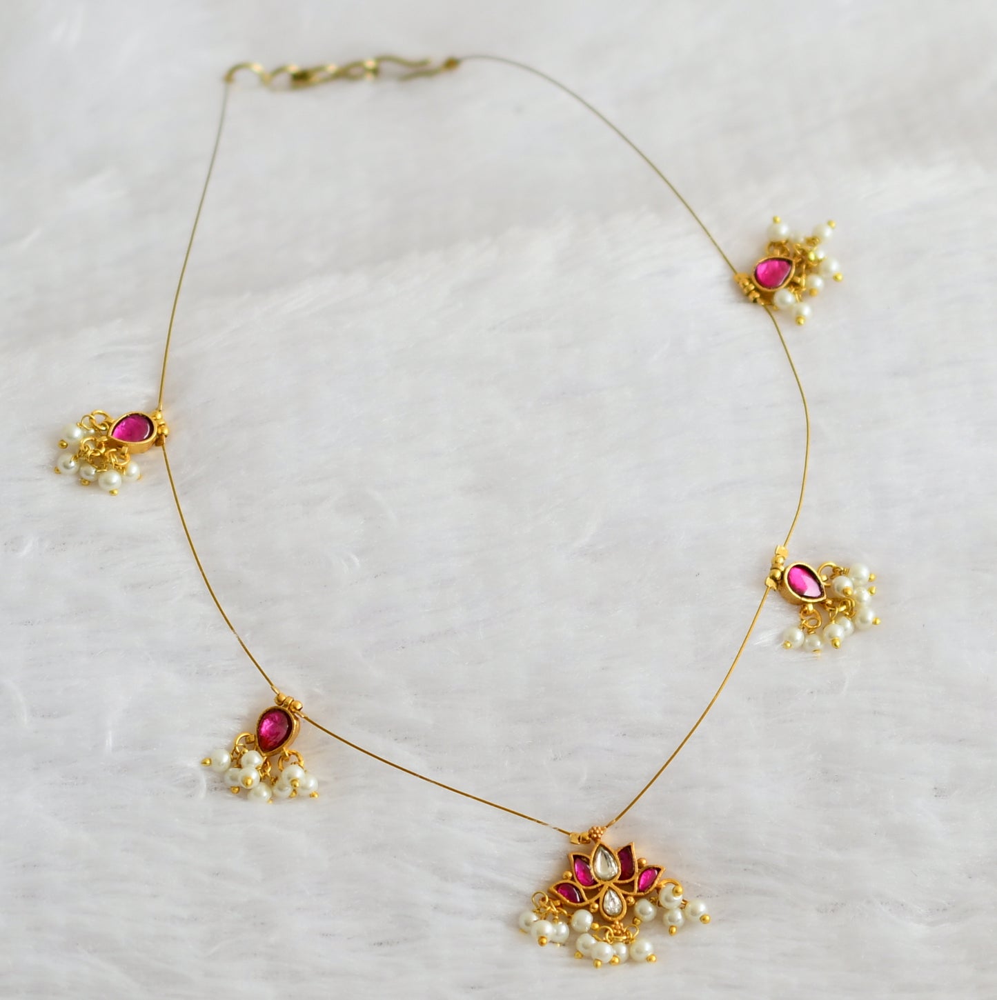 Matte finish pink-white pearl cluster kundan jadau lotus invisible necklace dj-49305