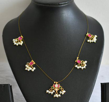 Matte finish pink-green-white pearl cluster kundan jadau lotus invisible necklace dj-49304