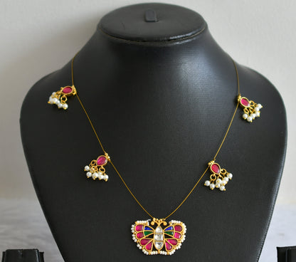 Gold tone pink-green-white-blue kundan jadau butterfly invisible necklace dj-49302