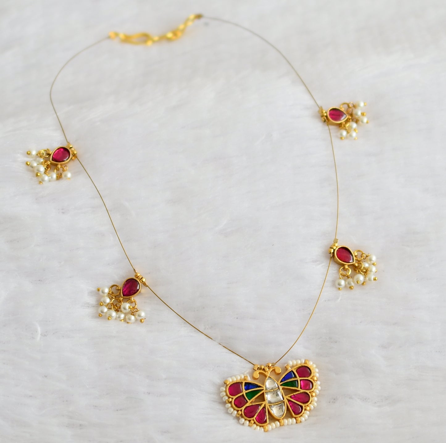 Gold tone pink-green-white-blue kundan jadau butterfly invisible necklace dj-49302