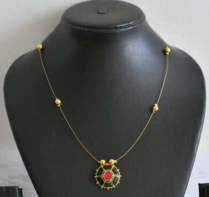 Gold tone green-pink kundan jadau flower invisible necklace dj-49301