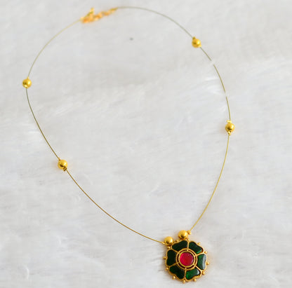 Gold tone green-pink kundan jadau flower invisible necklace dj-49301