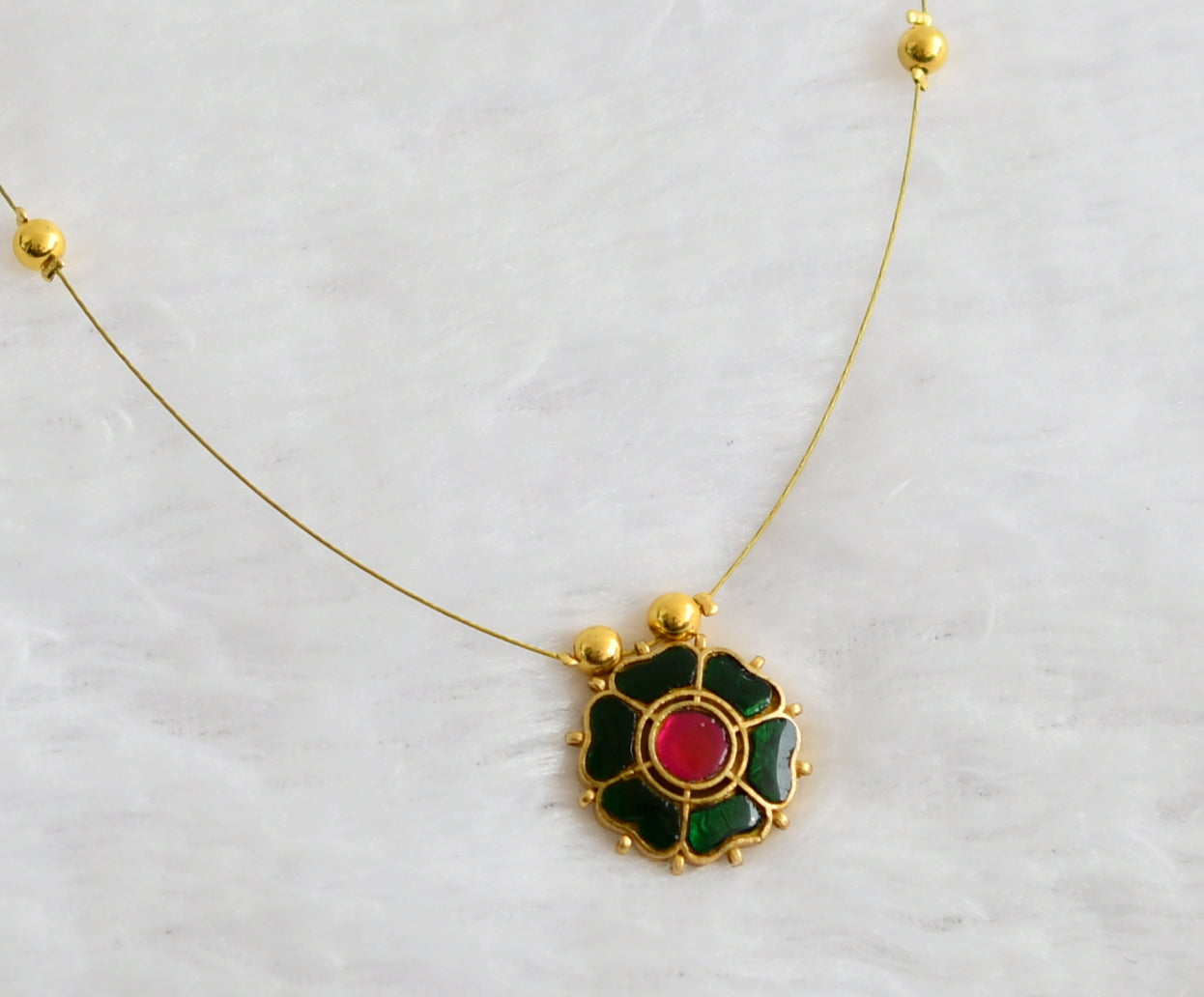 Gold tone green-pink kundan jadau flower invisible necklace dj-49301