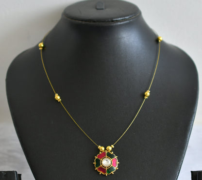 Gold tone pink-green-white kundan jadau flower invicible necklace dj-49299