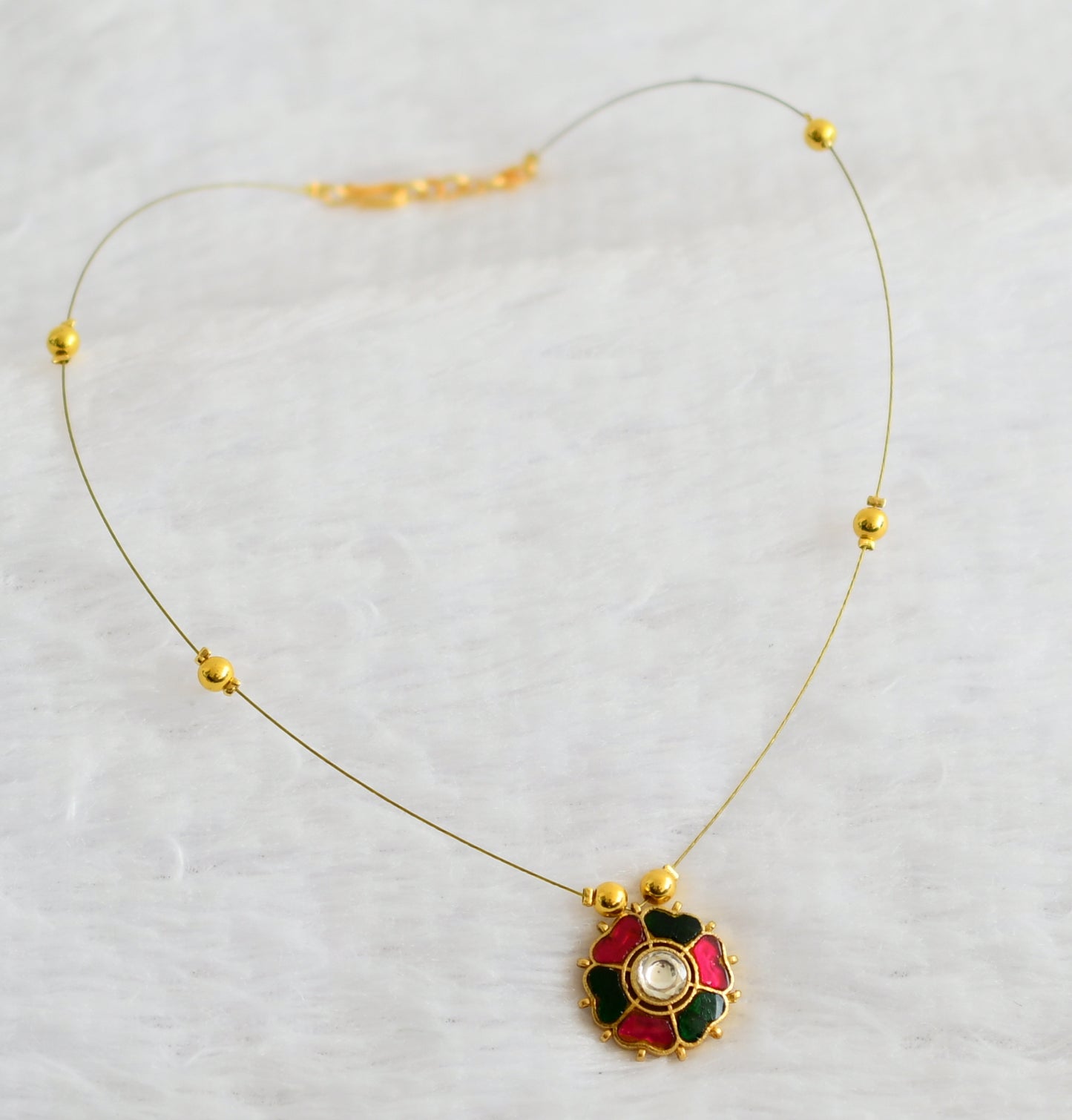 Gold tone pink-green-white kundan jadau flower invicible necklace dj-49299