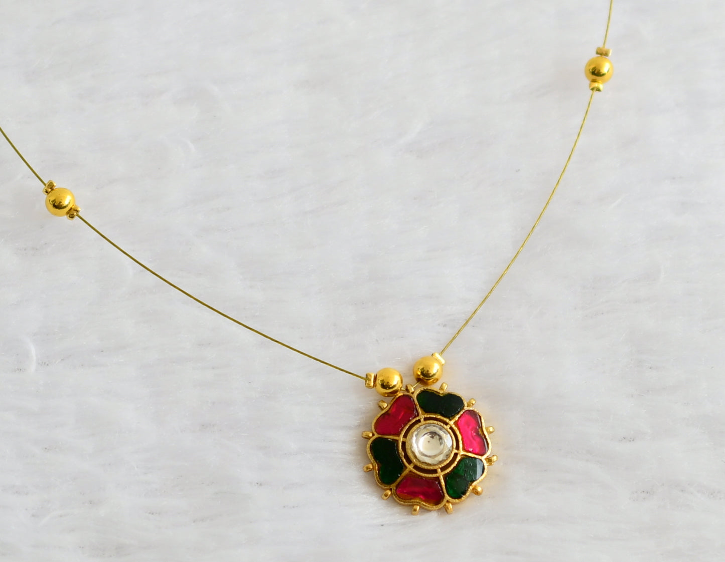 Gold tone pink-green-white kundan jadau flower invicible necklace dj-49299