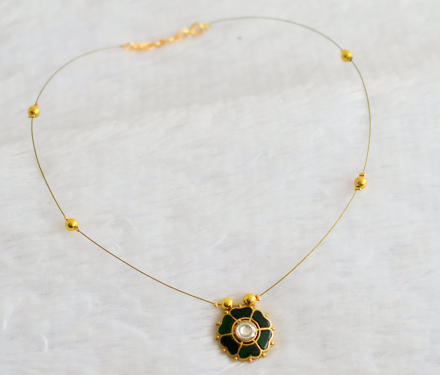 Gold tone green-white kundan jadau flower invicible necklace dj-49298