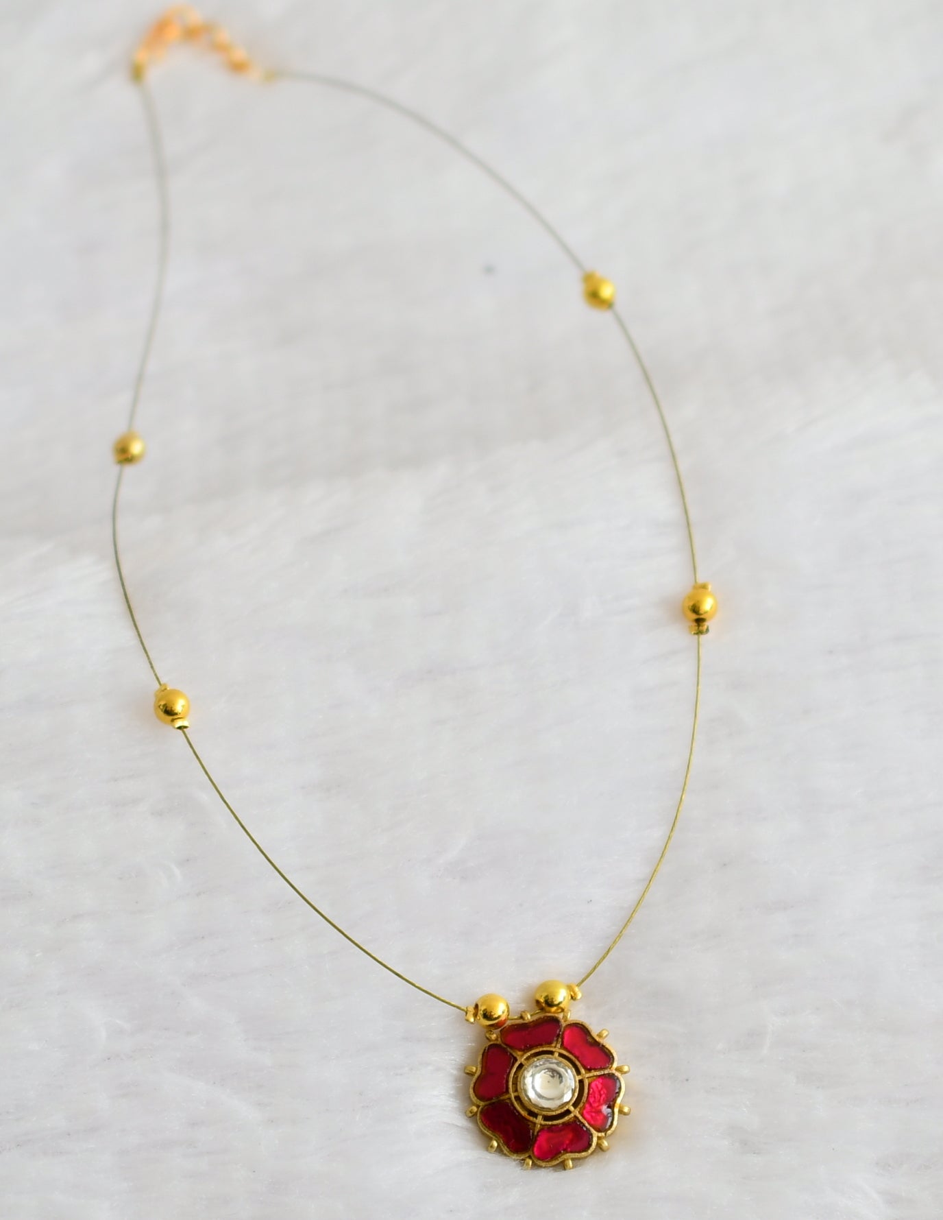 Gold tone pink-white kundan jadau flower invicible necklace dj-49297