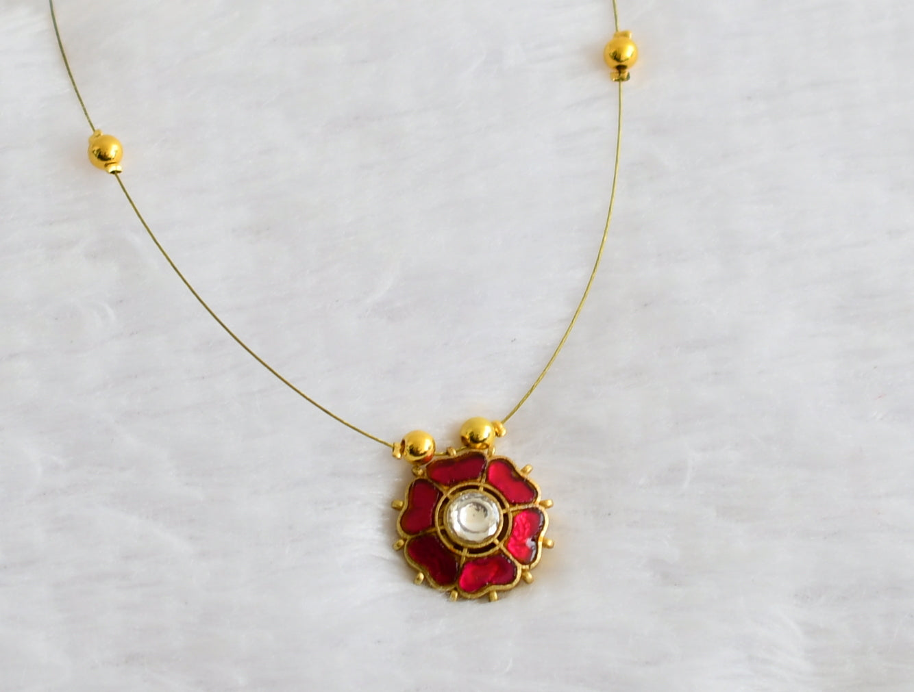 Gold tone pink-white kundan jadau flower invicible necklace dj-49297