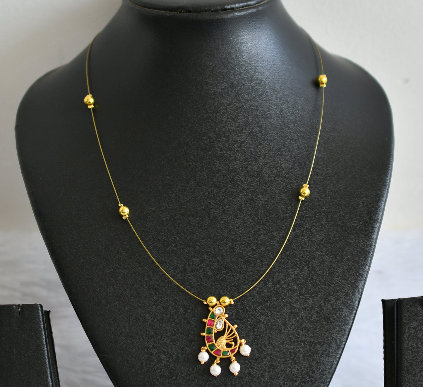 Gold tone pink-green-white kundan jadau pearl peacock invisible necklace dj-49323