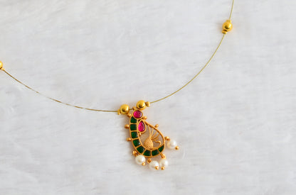 Gold tone green-pink kundan jadau pearl peacock invisible necklace dj-49322