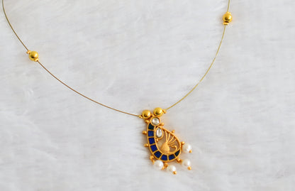 Gold tone blue-white kundan jadau pearl peacock invisible necklace dj-49321