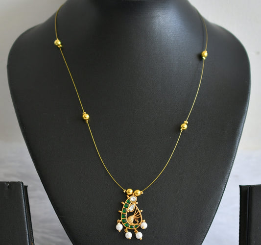 Gold tone green-white kundan jadau pearl peacock invisible necklace dj-49320