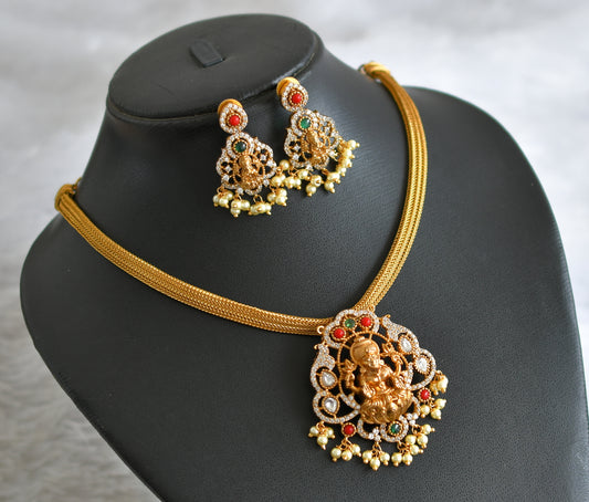 Matte finish coral-green-white stone lakshmi necklace set dj-47492