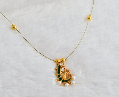 Gold tone green-white kundan jadau pearl peacock invisible necklace dj-49320