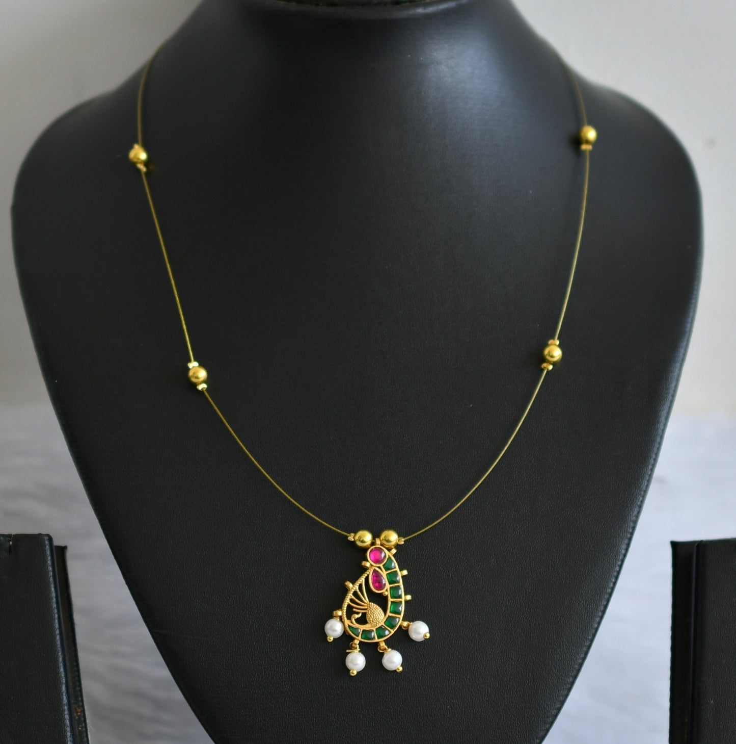 Gold tone green-pink kundan jadau pearl peacock invisible necklace dj-49316