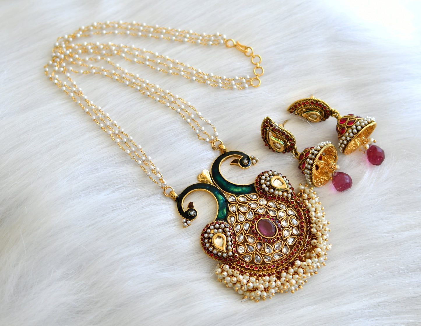 Antique kemp pearl cluster pink peacock pendant set dj-25230