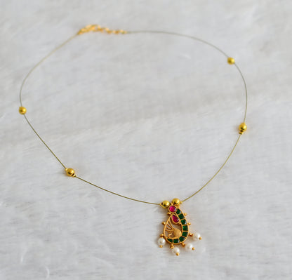 Gold tone green-pink kundan jadau pearl peacock invisible necklace dj-49316